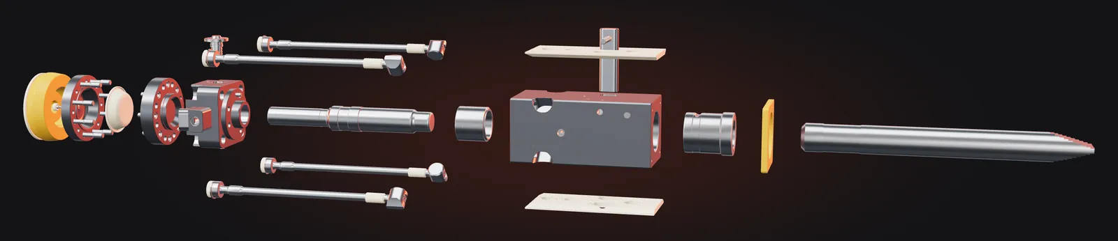 Bir hidrolik kırıcının ürettiğimiz parçaları yan yana: akümülatör, saplamalar, piston, burçlar, alt gövde, kama, aşınma plakaları ve kırıcı ucu